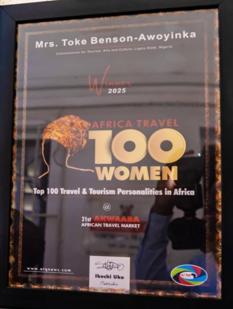 Award plaque recognising Top 100 Women in Africa’s Travel & Tourism
