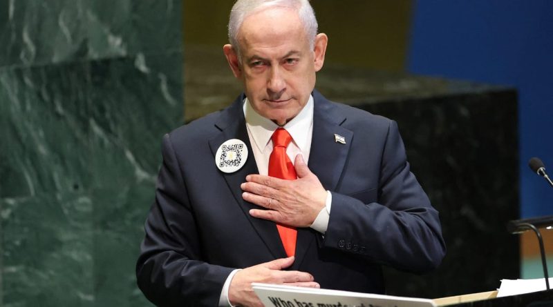 Israeli Prime Minister delivers speech at UN General Assembly 2025 with hand on chest.