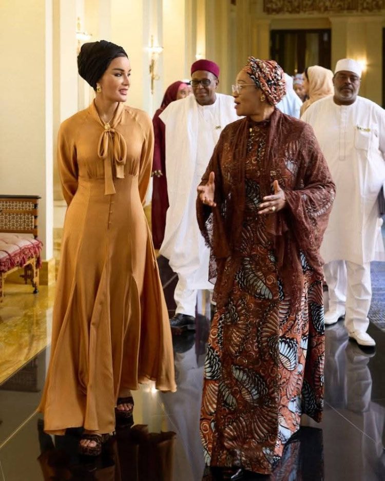 First Lady Oluremi Tinubu with Sheika Moza Bint Nasser in Qatar discussing partnership on Almajiri education reform.